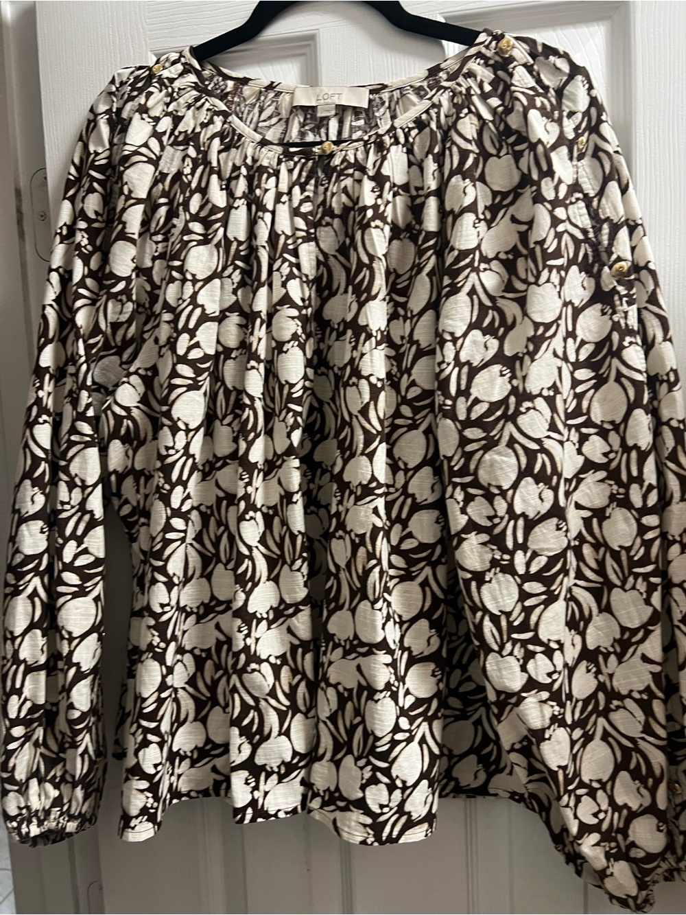 LOFT Cream and Brown Floral Peasant Shirt